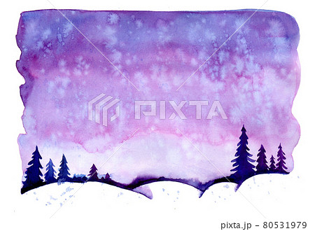Watercolor christmas winter landscape with snow and trees. Xmas pine and fir. Illustration with snowing for print, texture, wallpaper, background, greeting card. Purple violet color. watercolour 80531979