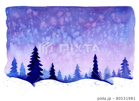 Watercolor christmas winter landscape with snow and trees. Treescape with pine and fir. Illustration landscape for print, texture, wallpaper, greeting card. Blue color. Beautiful nature watercolour 80531981