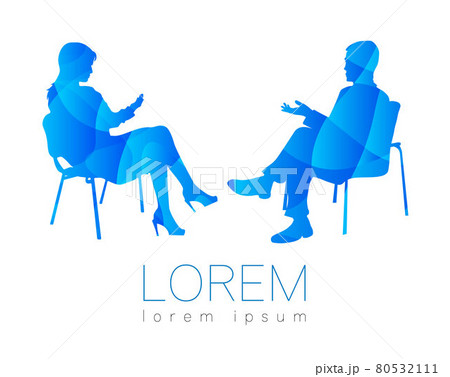 The people talk. Counselling or Psychotherapy session. Man woman talking while sitting. Silhouette profile. Modern symbol logo. Design concept sign. Blue bright and colorful. 80532111