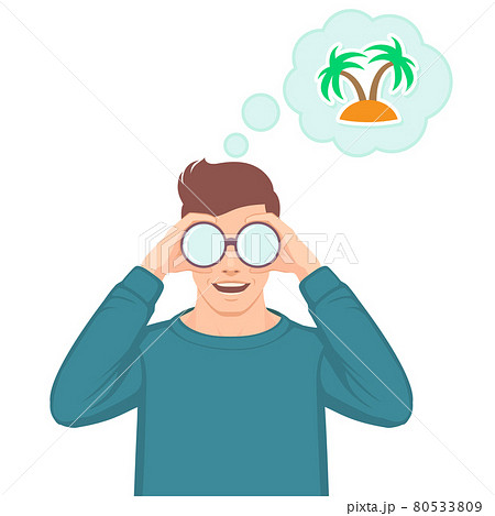 Man using binoculars, dreaming of tropical island, 80533809