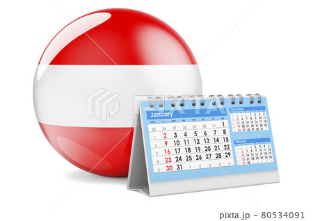 Desk calendar with Austrian flag. 3D rendering Desk calendar with Austrian flag. 3D rendering 80534091