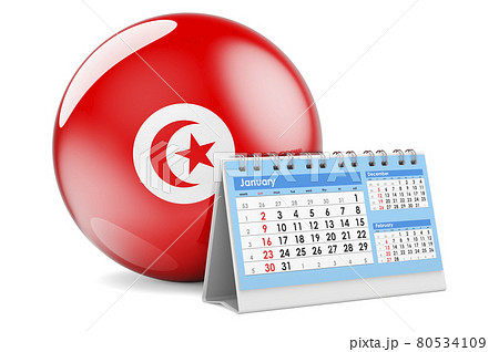 Desk calendar with Tunisian flag. 3D rendering 80534109