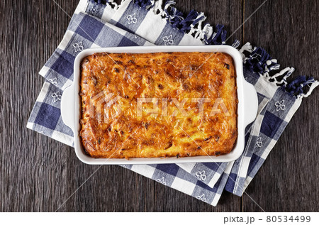 potato kugel, casserole of grated potato, top view 80534499