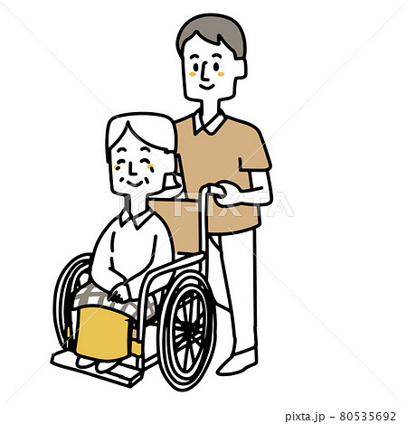 高齢女性が乗っている車椅子を押す介護士のイラスト素材 高齢女性が乗っている車椅子を押す介護士のイラスト素材