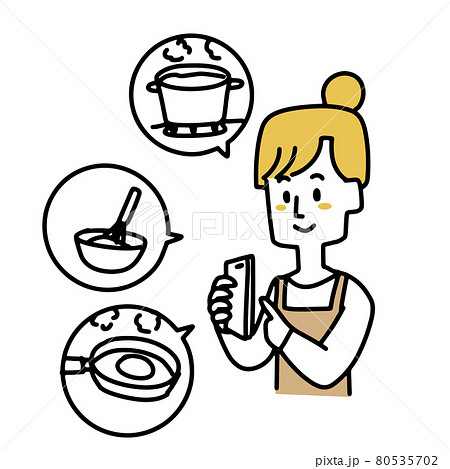 レシピをスマホで調べているエプロンの女性のイラスト素材
