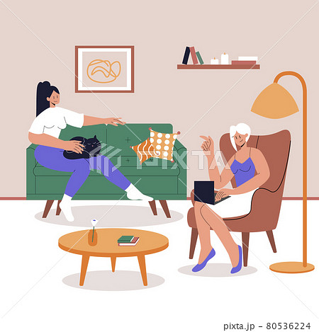 Young lesbian couple spend time together at home. A woman sits on a sofa with a cat on his knees. Female Character Sitting on chair with Laptop. Home Office. Lifestyle after quarantine. Eps 10. Young lesbian couple spend time together at home. A woman sits on a sofa with a cat on his knees. Female Character Sitting on chair with Laptop. Home Office. Lifestyle after quarantine. Eps 10. 80536224