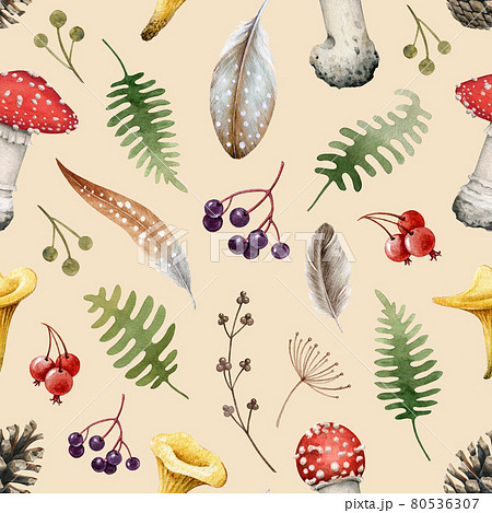 Wild forest herbs, mushroom seamless pattern. Watercolor image. Hand drawn wild fly agaric mushroom, herbs, fern, berries, cone. Pastel background. Seamless pattern for fabric, paper, tixtile print. 80536307