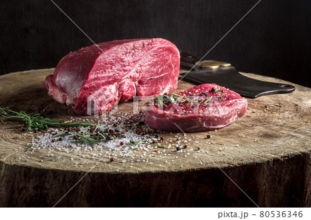 Juicy raw beef steak on wooden table Juicy raw beef steak on wooden table 80536346