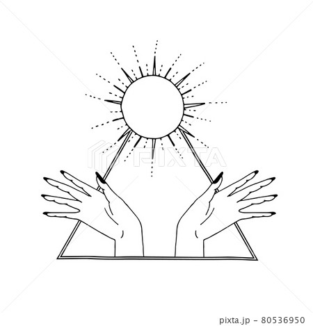 Vintage Mystic Sun and female hands inside triangle boho style drawing Vintage Mystic Sun and female hands inside triangle boho style drawing 80536950