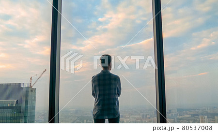 Pensive woman looking at cityscape through window of skyscraper - back view Pensive woman looking at cityscape through window of skyscraper - back view 80537008