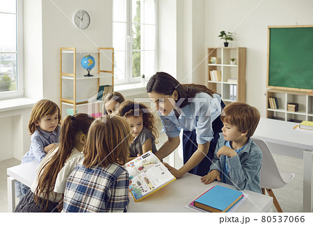 Young friendly female teacher in the classroom with a book in her hands teaches young students. Young friendly female teacher in the classroom with a book in her hands teaches young students. 80537066