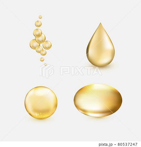 Golden oil essence collection in realistic style with shadows and glares. Gold olive bubbles, drop and pill in isolated on transparent background. Vector. 80537247