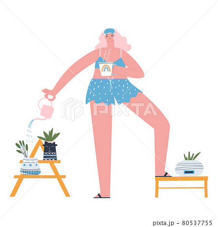 A girl in pajamas is drinking her morning coffee and watering her houseplants from a small watering can. Stylish flat vector illustration. Vector illustration 80537755