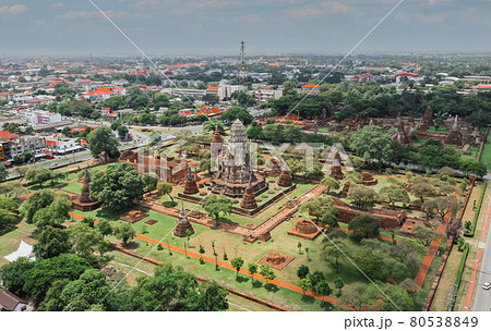 Aerial view of Ayutthaya temple, Wat Ratchaburana, empty during covid, in Phra Nakhon Si Ayutthaya Aerial view of Ayutthaya temple, Wat Ratchaburana, empty during covid, in Phra Nakhon Si Ayutthaya 80538849