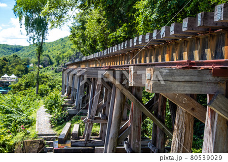 Death Railway bridge, Siam Burma Railway, in Kanchanaburi, Thailand 80539029