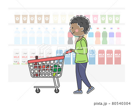 ショッピングカートで買い物をする黒人男性のイラストのイラスト素材