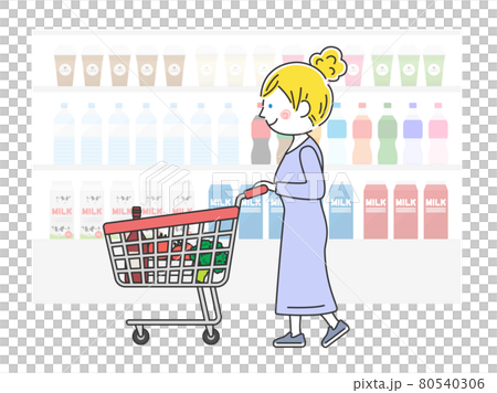 ショッピングカートで買い物をする白人女性のイラストのイラスト素材