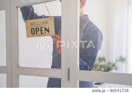 Young business owner wear face mask and opening sign. Young business owner wear face mask and opening sign. 80541726