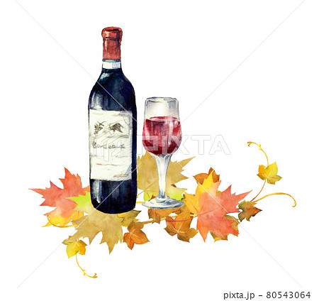 赤ワインと紅葉の葉 水彩イラストのイラスト素材 赤ワインと紅葉の葉 水彩イラストのイラスト素材