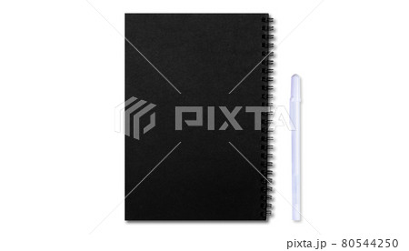 Black notebook with blank pages and White pencil isolated on white background 80544250