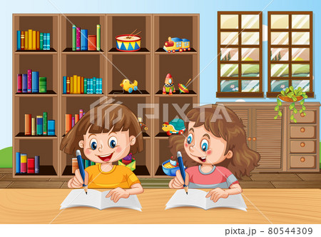 Two kids doing homework in the room sceneのイラスト素材 [80544309] - PIXTA