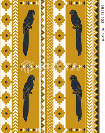 南米の民族風の図形とインコのパターンのイラスト素材