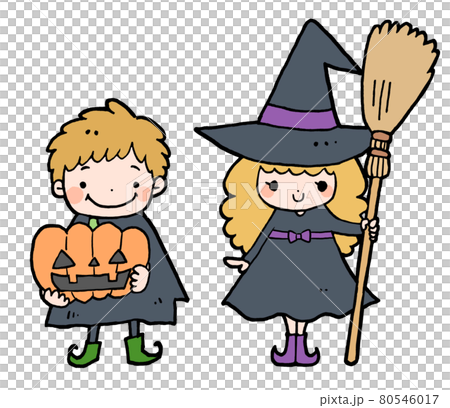 ハロウィンで仮装した女の子と男の子のイラストのイラスト素材