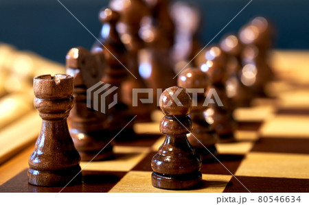 Black pieces on the chess board in the basic position at the beginning of a game, selective focus on the front rook and pawns. Black pieces on the chess board in the basic position at the beginning of a game, selective focus on the front rook and pawns. 80546634