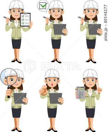 ヘルメットを被り虫眼鏡や書類を持った工務店の女性の全身のイラスト素材