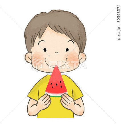 スイカを食べる子供 男の子 のイラスト素材