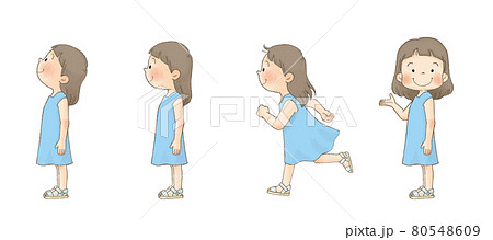 夏服の女の子セット 横向き 全身 青いワンピース のイラスト素材