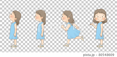 夏服の女の子セット 横向き 全身 青いワンピース のイラスト素材