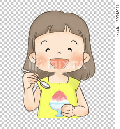 かき氷を食べる子供 女の子 のイラスト素材