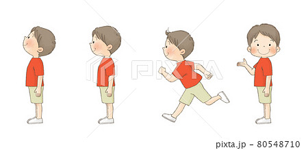 夏服の子供セット 横向き 全身 男の子 赤いtシャツ のイラスト素材
