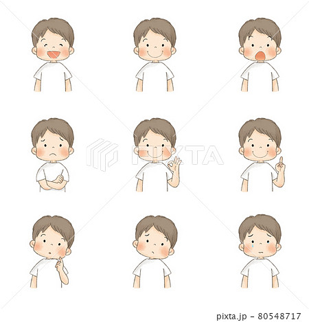夏服の子供セット 表情 バストアップ 男の子 白いtシャツ のイラスト素材