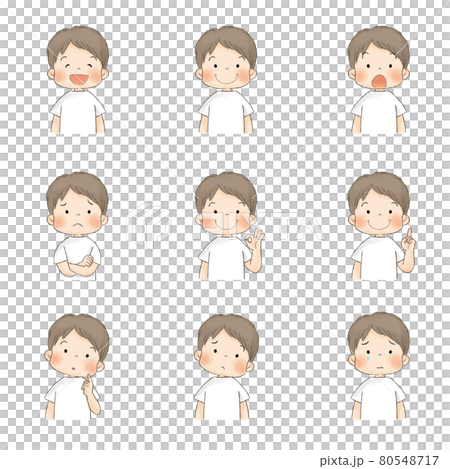 夏服の子供セット（表情、バストアップ、男の子、白いTシャツ） 80548717