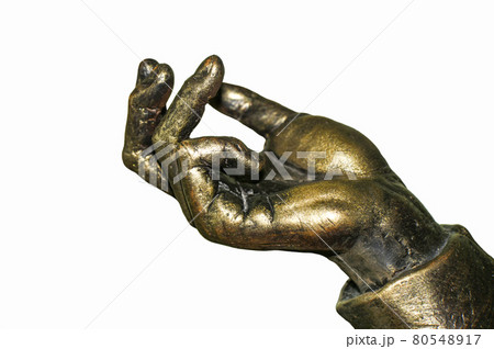 Bronze hand shows gestures with fingers, isolate 80548917