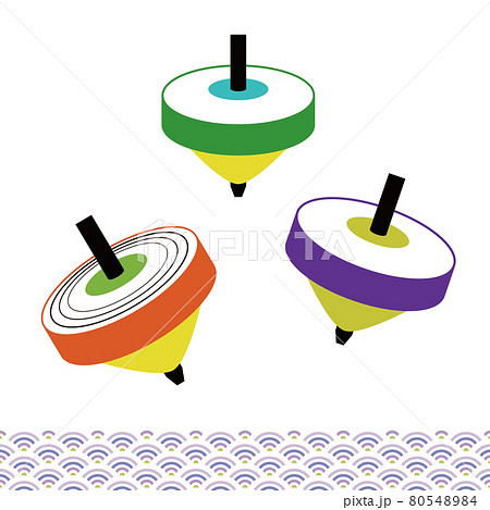 日本のお正月に飾る縁起の良いアイテム 独楽と和柄のカラーのベクターイラスト 年賀状に最適 のイラスト素材