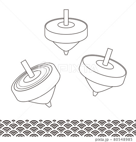 日本のお正月に飾る縁起の良いアイテム 独楽と和柄の線画のベクターイラスト 年賀状に最適 のイラスト素材