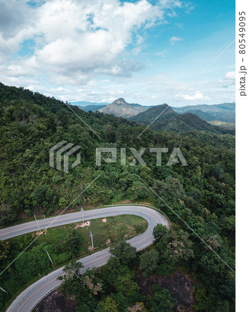 mountain road and green trees from above mountain road and green trees from above 80549095