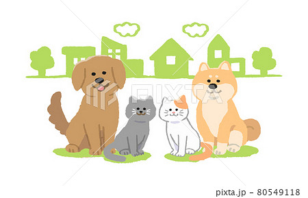 街並みをバックにお座りする犬と猫(手描きカラー) 街並みをバックにお座りする犬と猫(手描きカラー) 80549118