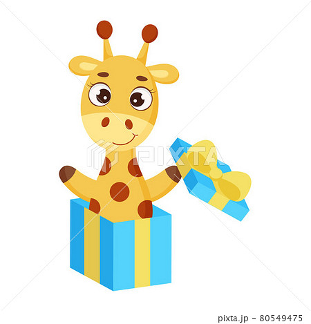 Cute little giraffe jumping from gift box. Funny cartoon character for print, greeting cards, baby shower, invitation, wallpapers, home decor. Bright colored childish stock vector illustration. Cute little giraffe jumping from gift box. Funny cartoon character for print, greeting cards, baby shower, invitation, wallpapers, home decor. Bright colored childish stock vector illustration. 80549475