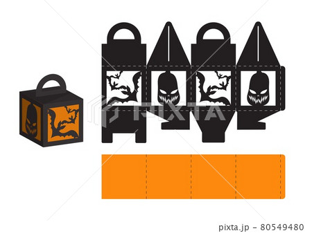 Happy Halloween treat box. Gift party favor box for sweets, candies, small presents, bakery. Simple packaging die cut template for laser cut, great design for any purposes, birthdays, baby showers. 80549480