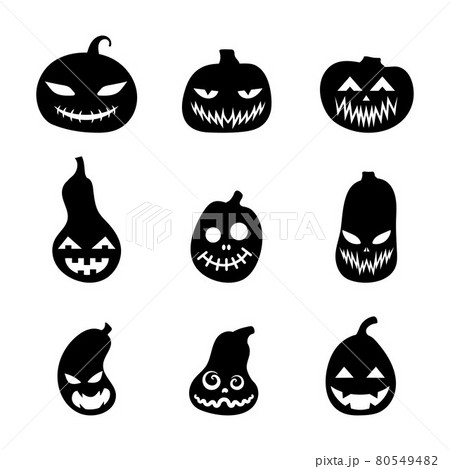 Halloween silhouettes scary pumpkins set. Illustration of Jack-o-lantern facial expressions. Simple collection spooky horror images of pumpkins. Isolated vector stock illustration. Halloween silhouettes scary pumpkins set. Illustration of Jack-o-lantern facial expressions. Simple collection spooky horror images of pumpkins. Isolated vector stock illustration. 80549482