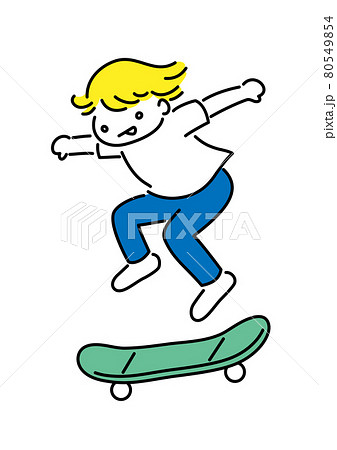 スケートボードでジャンプする少年のシンプルイラストのイラスト素材