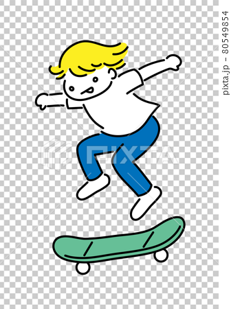 スケートボードでジャンプする少年のシンプルイラストのイラスト素材