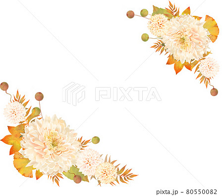 ベクター素材秋色の花とつぼみがある植物のレトロかわいい白バック秋フレームイラスト素材のイラスト素材