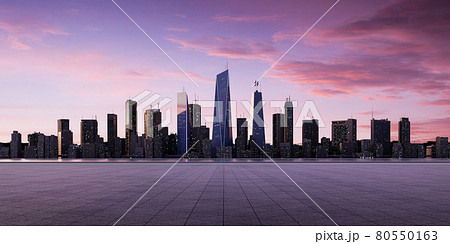 Panoramic view of empty concrete tiles floor with city skyline. 80550163