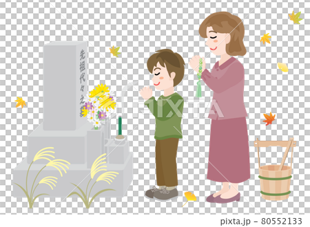 秋のお彼岸にお墓参りをする母と息子 秋のお彼岸にお墓参りをする母と息子 80552133