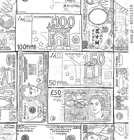 Money banknotes of different countries. US dollar, British pound sterling, Japanese yuan, Russian ruble, Swiss franc, Euro. Hand drawn sketch for colouring. Seamless pattern background 80552359